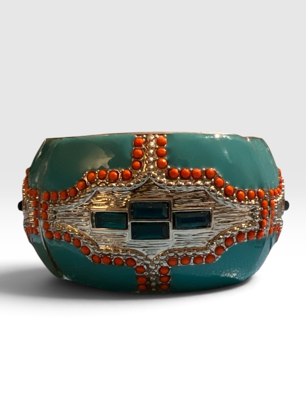 Turquoise and Coral Enamel Inlay Wide Bangle Bracelet